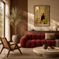Chapter Hour artwork displayed above a red sofa in a sunlit room.