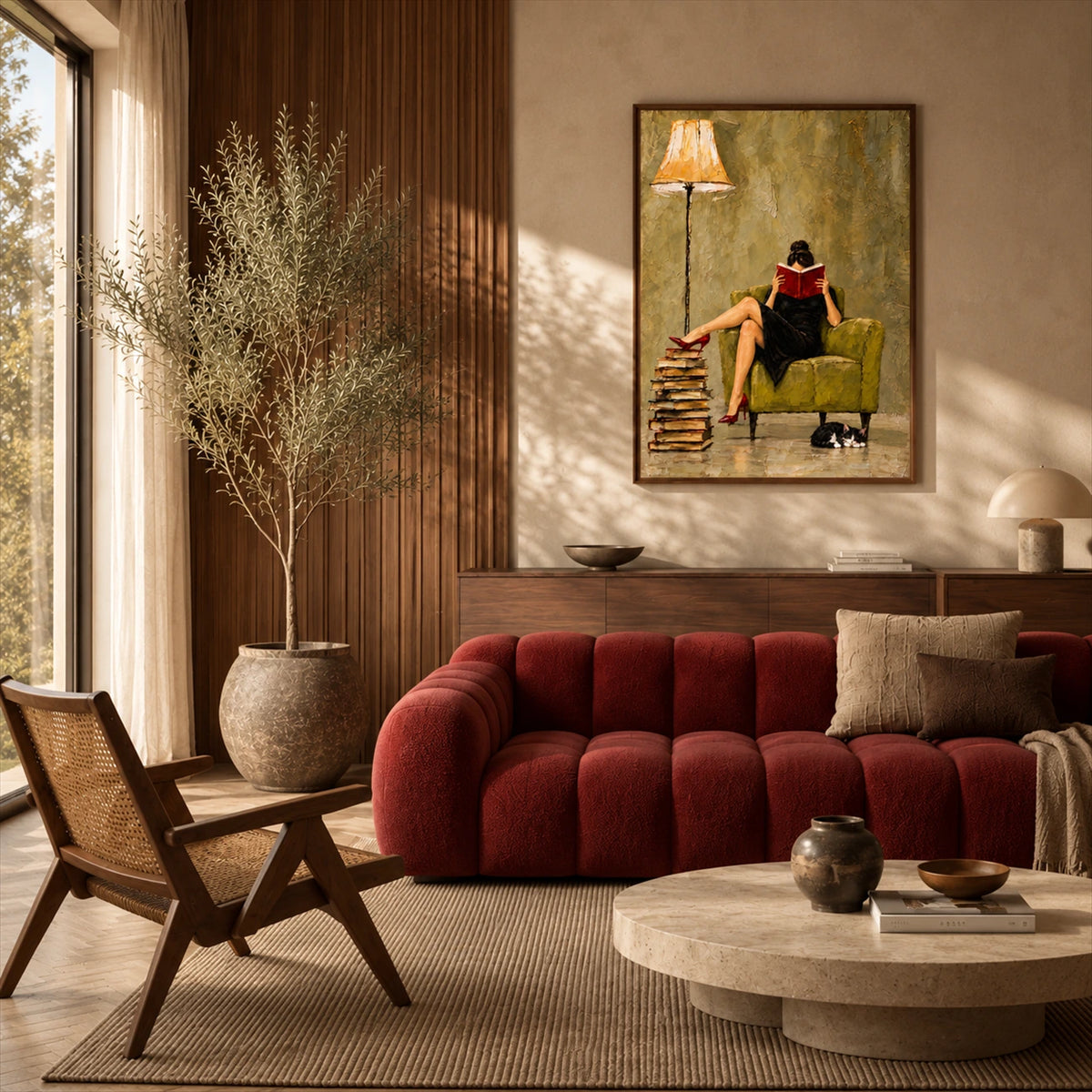Chapter Hour artwork displayed above a red sofa in a sunlit room.