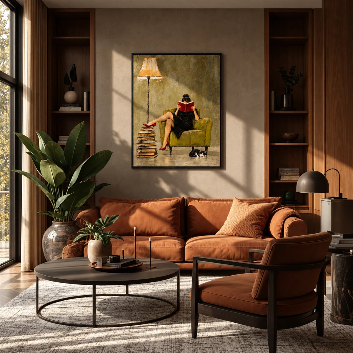Chapter Hour artwork displayed above an orange sofa with wood trim.