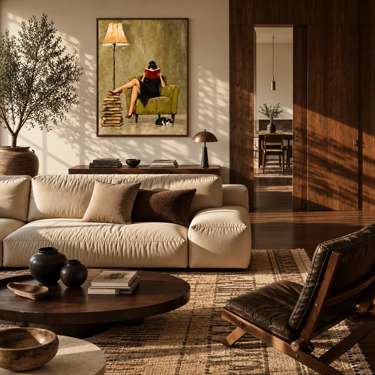 Chapter Hour artwork displayed above a console behind a cream sofa.