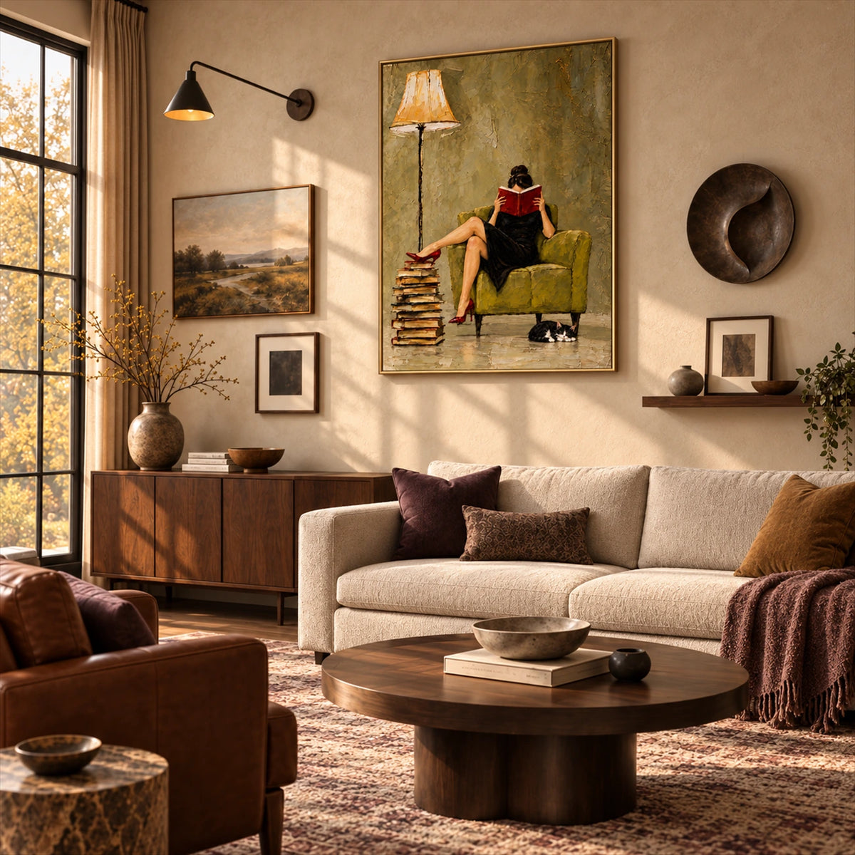 Chapter Hour artwork displayed above pale seating near a gallery wall.