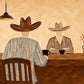 Saddleback Conversation full artwork. Two hat-wearing figures share a quiet moment across a wooden counter beneath a simple pendant lamp.