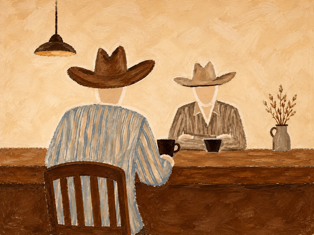 Saddleback Conversation full artwork. Two hat-wearing figures share a quiet moment across a wooden counter beneath a simple pendant lamp.