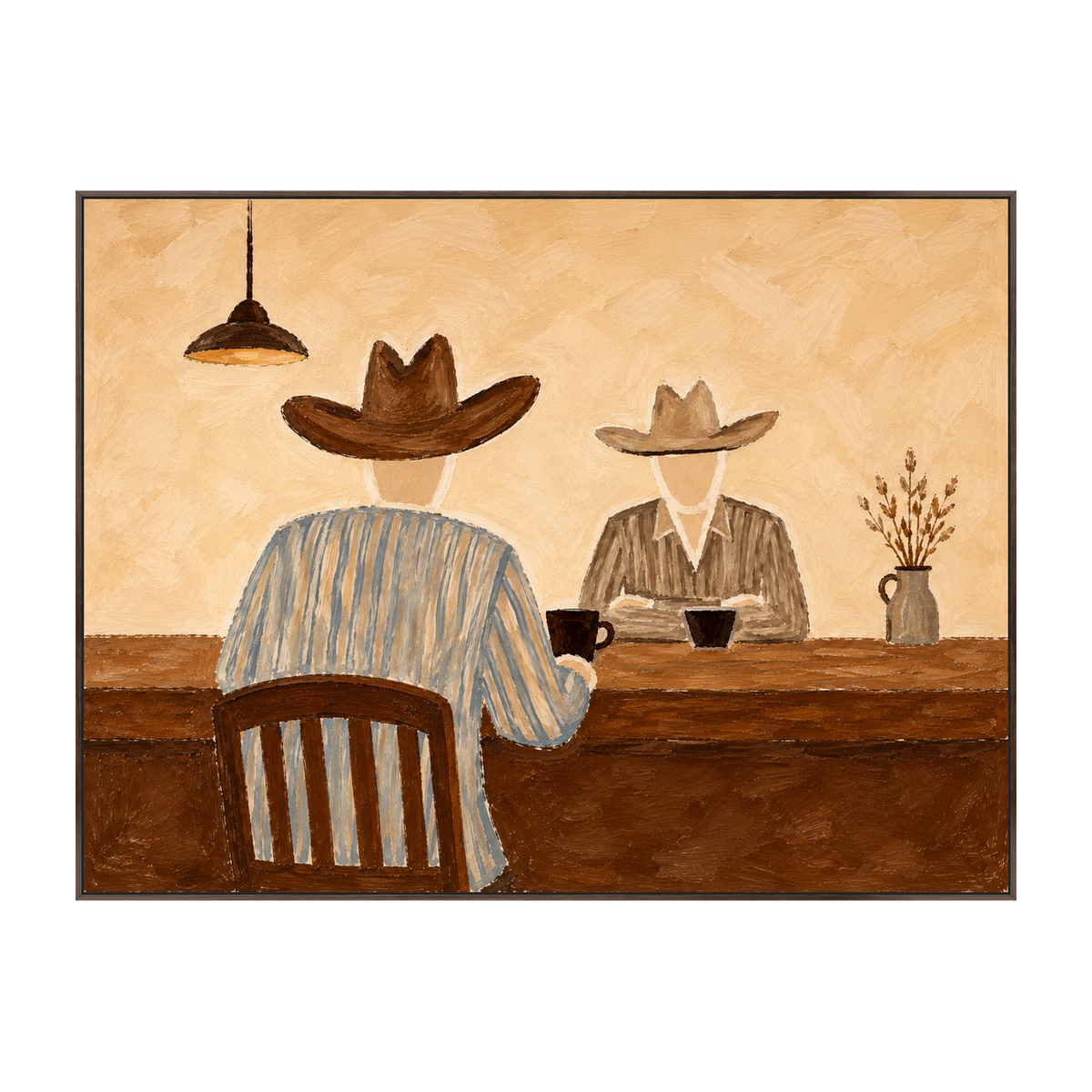 Saddleback Conversation artwork in a dark brown wood frame on a transparent background.