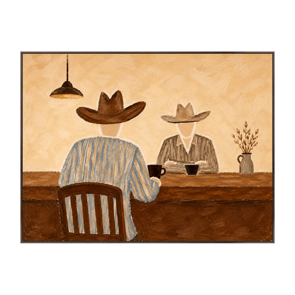 Saddleback Conversation artwork in a dark brown wood frame on a transparent background.