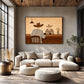 Saddleback Conversation artwork displayed above a cream sectional and soft ottomans.