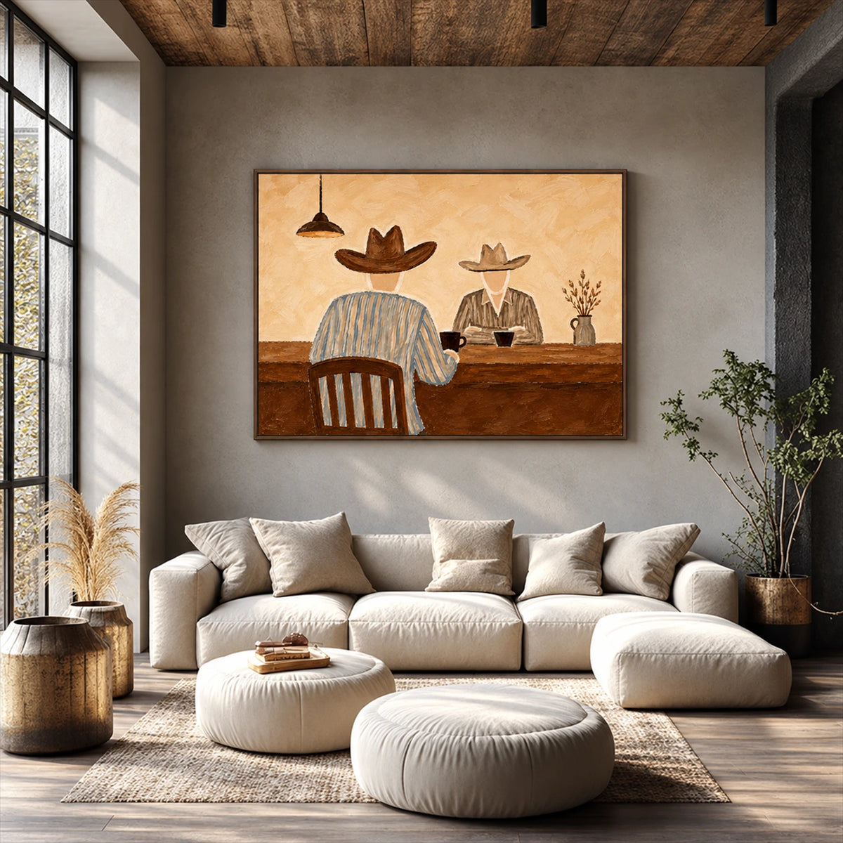 Saddleback Conversation artwork displayed above a cream sectional and soft ottomans.