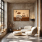 Saddleback Conversation artwork displayed above rounded armchairs beside tall windows.