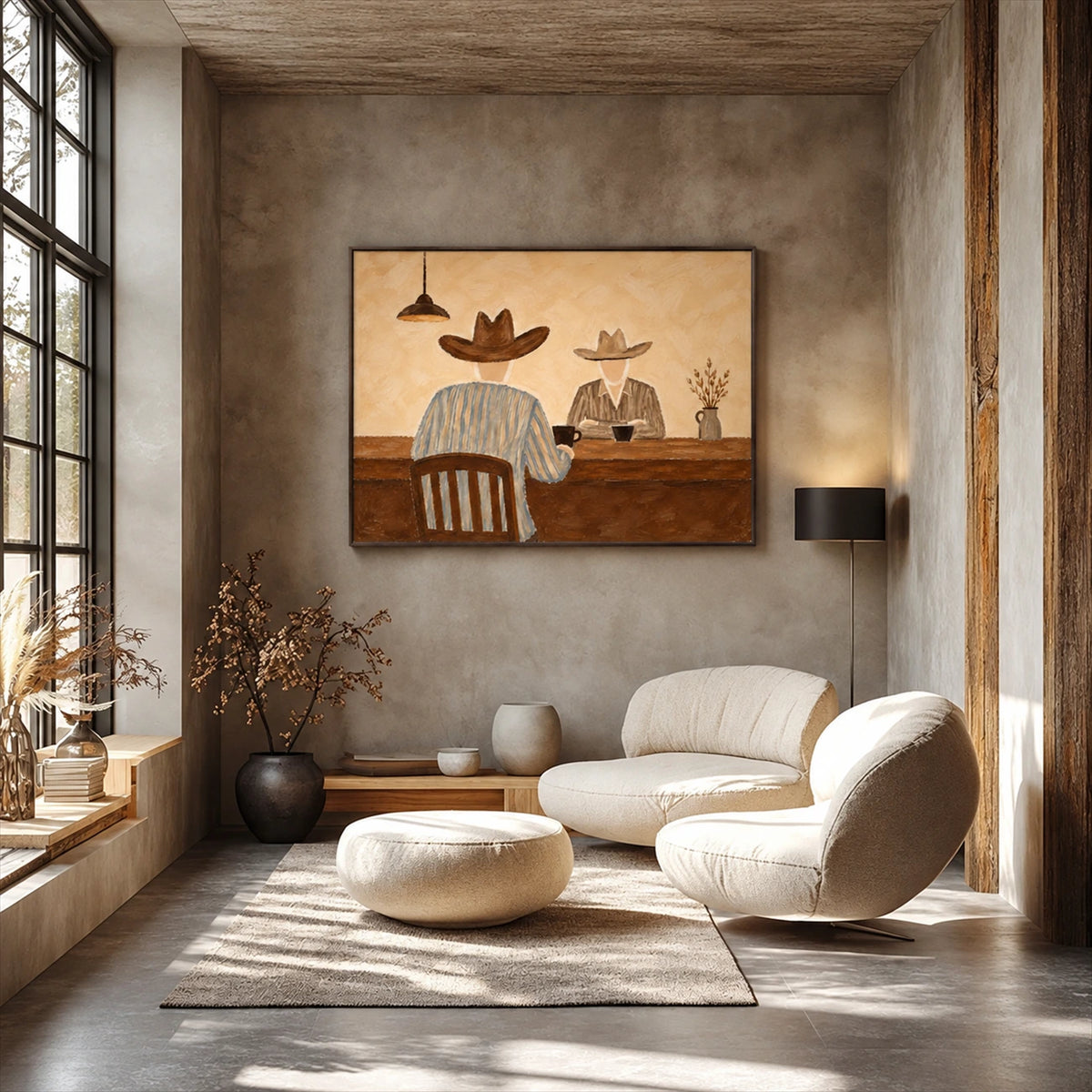 Saddleback Conversation artwork displayed above rounded armchairs beside tall windows.
