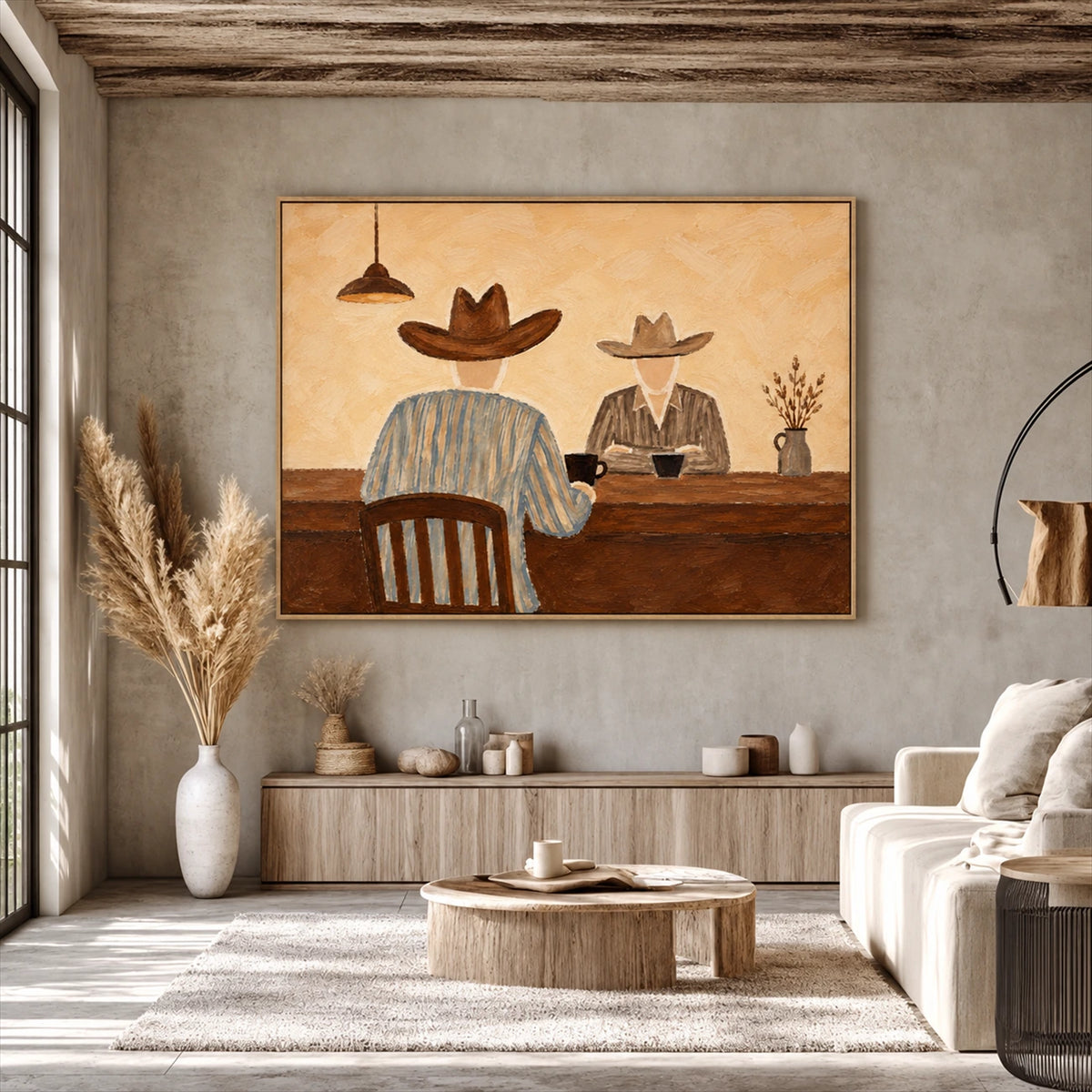 Saddleback Conversation artwork displayed above a long cabinet behind lounge seating.