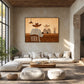 Saddleback Conversation artwork displayed above a cream sectional beneath a wood ceiling.