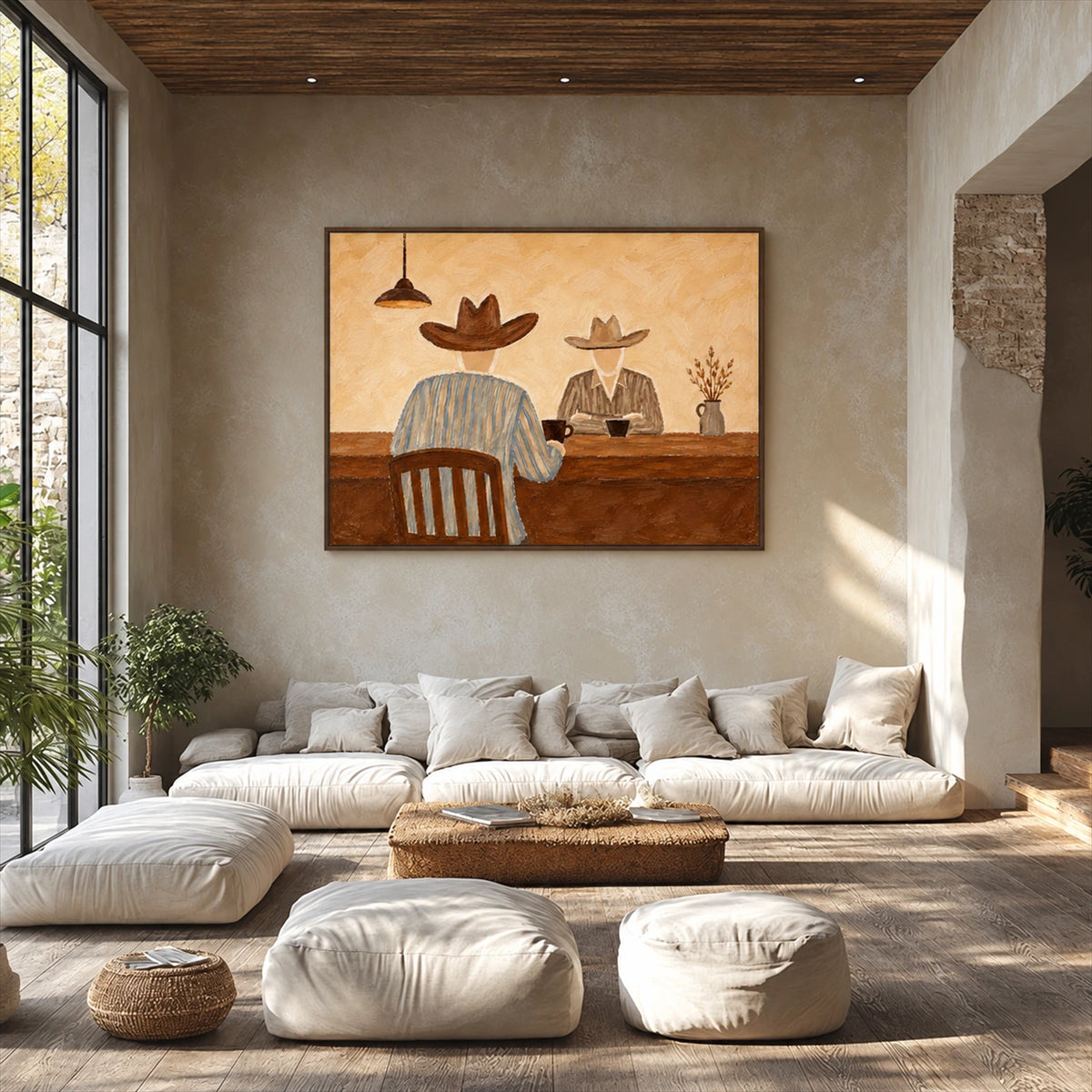 Saddleback Conversation artwork displayed above a cream sectional beneath a wood ceiling.