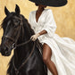 Noir Rein full artwork. A black horse turns toward the viewer beside a rider in a flowing white dress and oversized dark hat.
