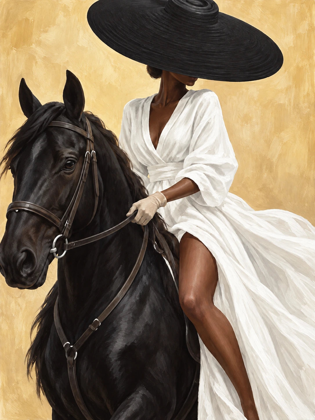 Noir Rein full artwork. A black horse turns toward the viewer beside a rider in a flowing white dress and oversized dark hat.