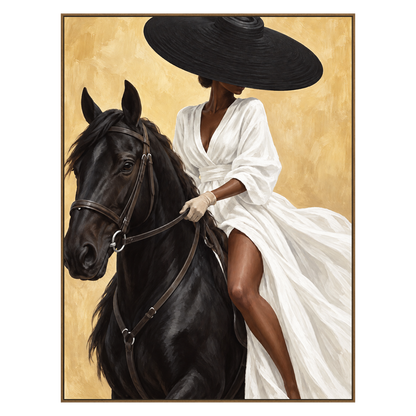 Noir Rein artwork in a natural wood frame on a transparent background.