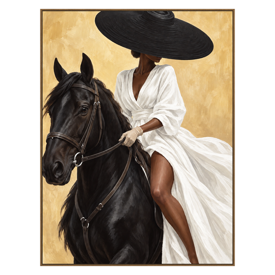 Noir Rein artwork in a natural wood frame on a transparent background.