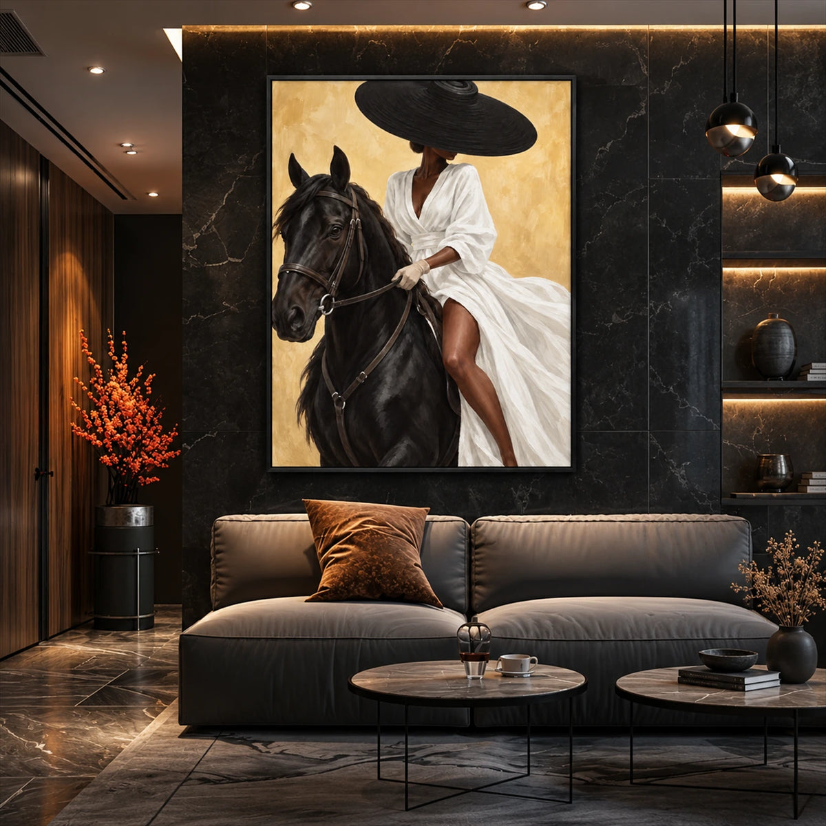 Noir Rein artwork displayed above a gray sofa against black marble.