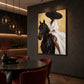 Noir Rein artwork displayed beside a dining table with red chairs.