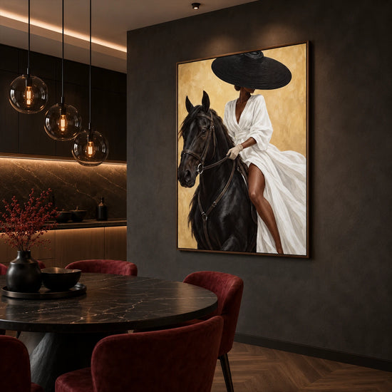Noir Rein artwork displayed beside a dining table with red chairs.