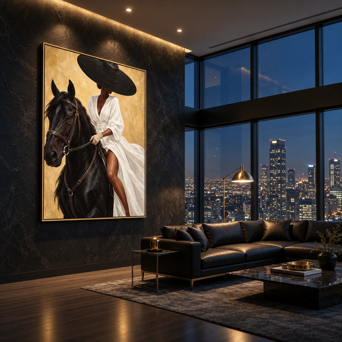 Noir Rein artwork displayed above dark seating near city-view windows.