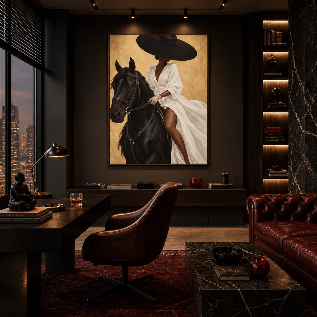 Noir Rein artwork displayed above a wooden desk beside a red sofa.