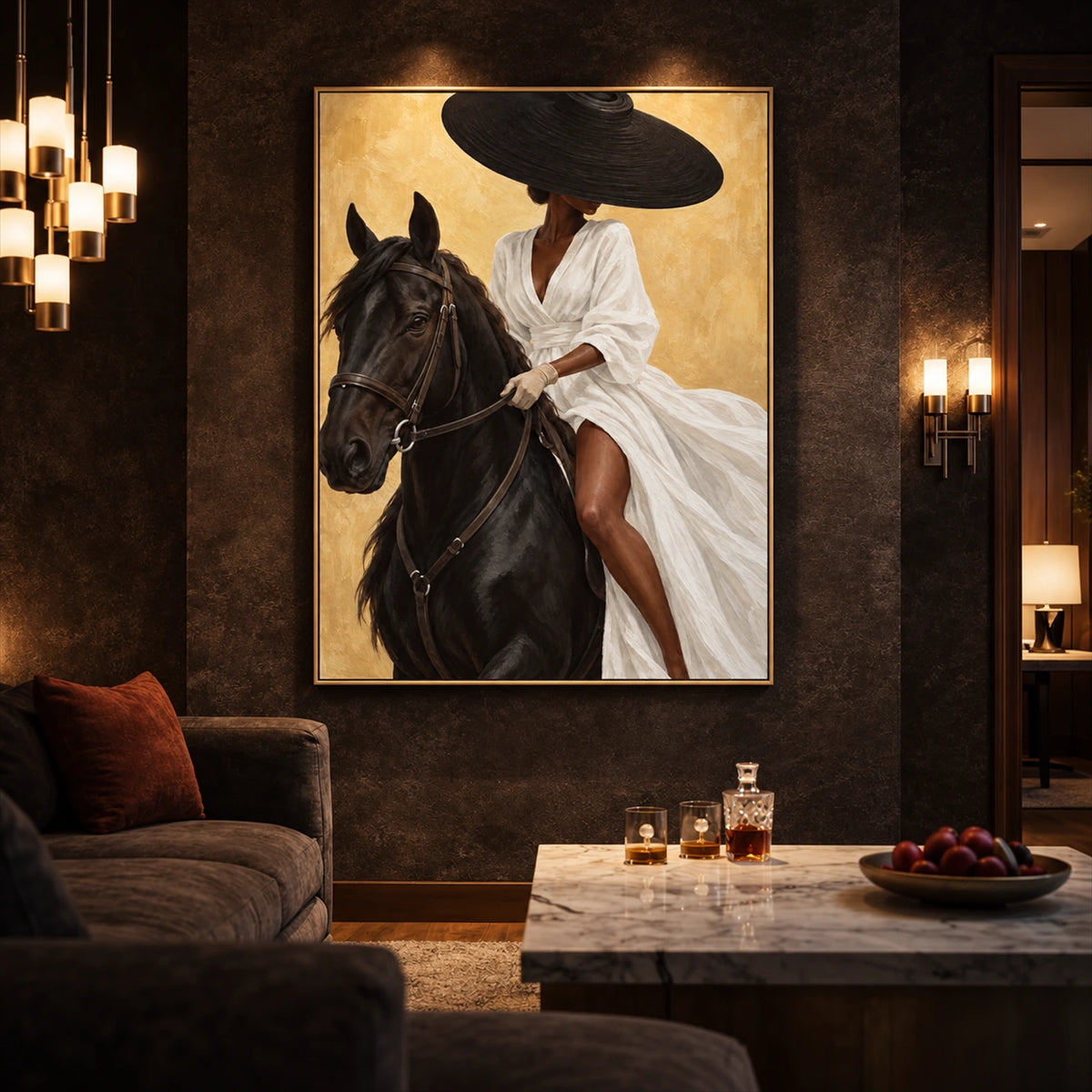 Noir Rein artwork displayed above a low coffee table in a dark lounge.