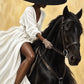 Sable Poise full artwork. A rider beneath a broad black hat leans gently toward a dark horse, with white fabric flowing across the saddle.