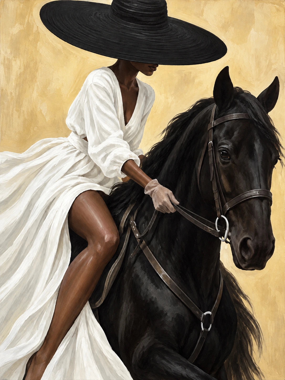 Sable Poise full artwork. A rider beneath a broad black hat leans gently toward a dark horse, with white fabric flowing across the saddle.