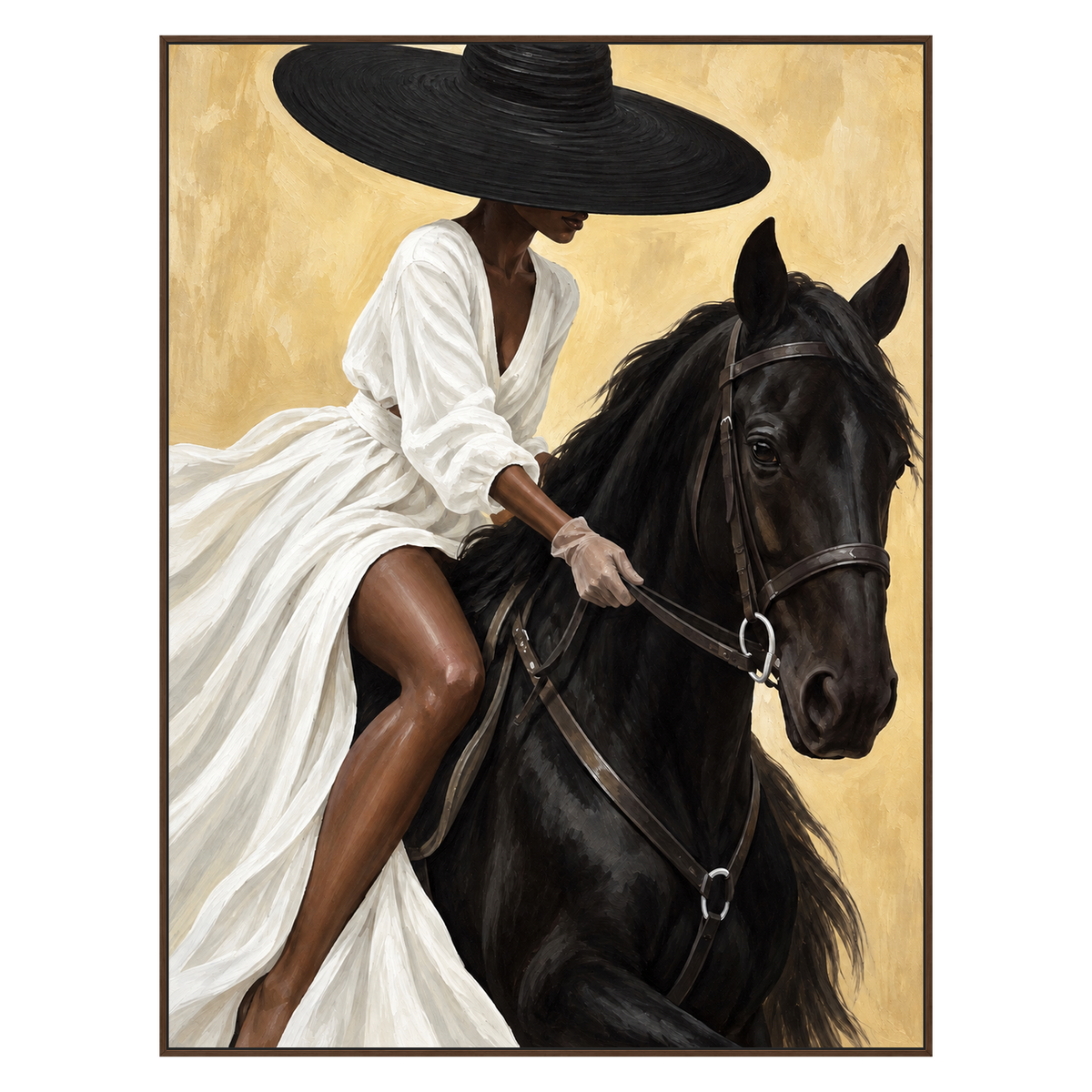 Sable Poise artwork in a brown wood frame on a transparent background.
