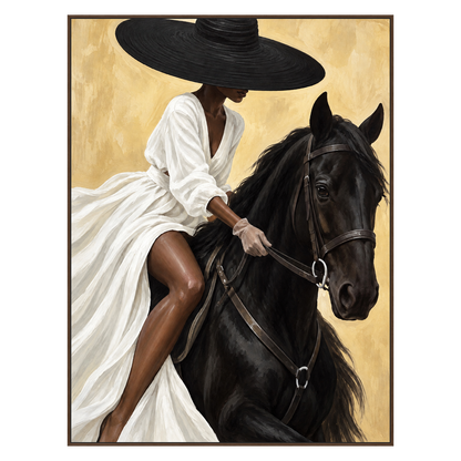 Sable Poise artwork in a brown wood frame on a transparent background.