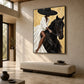 Sable Poise artwork displayed above a pale bench in a tall entryway.