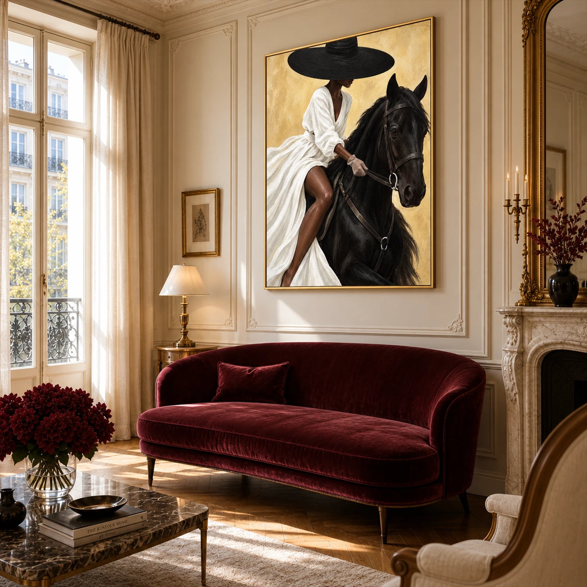 Sable Poise artwork displayed above a burgundy sofa beside French windows.