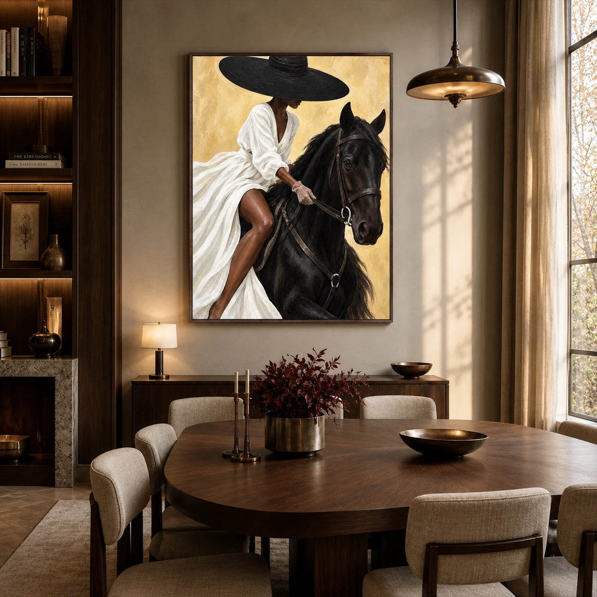 Sable Poise artwork displayed beside a round dining table.