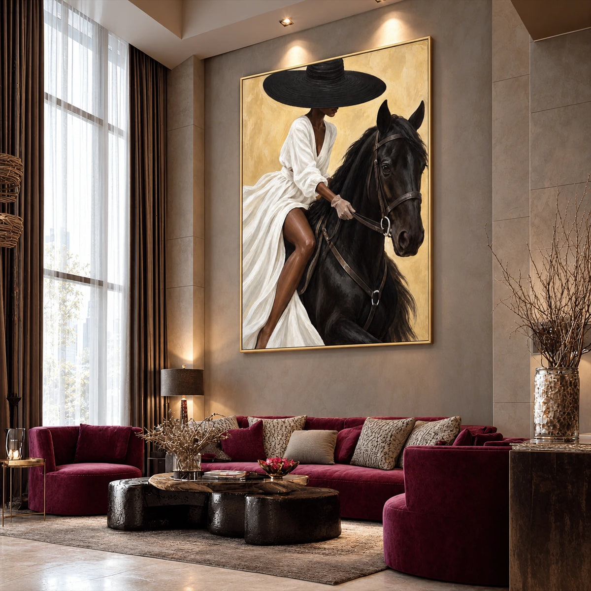 Sable Poise artwork displayed above a burgundy sectional near a window.