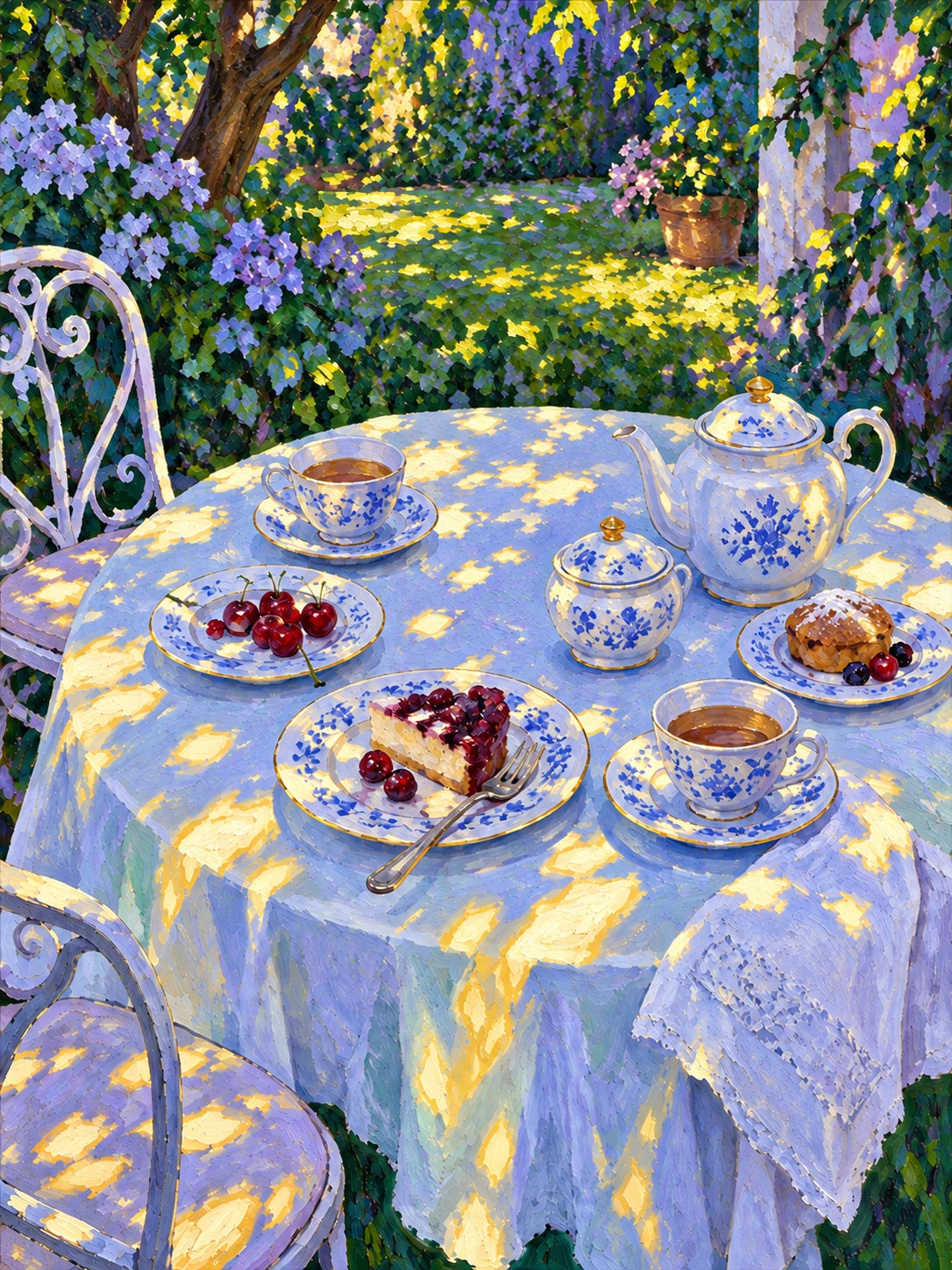 Garden Porcelain full artwork. Blue-and-white teacups, pastries, and a teapot rest on a softly draped garden table beneath flickering sunlight.