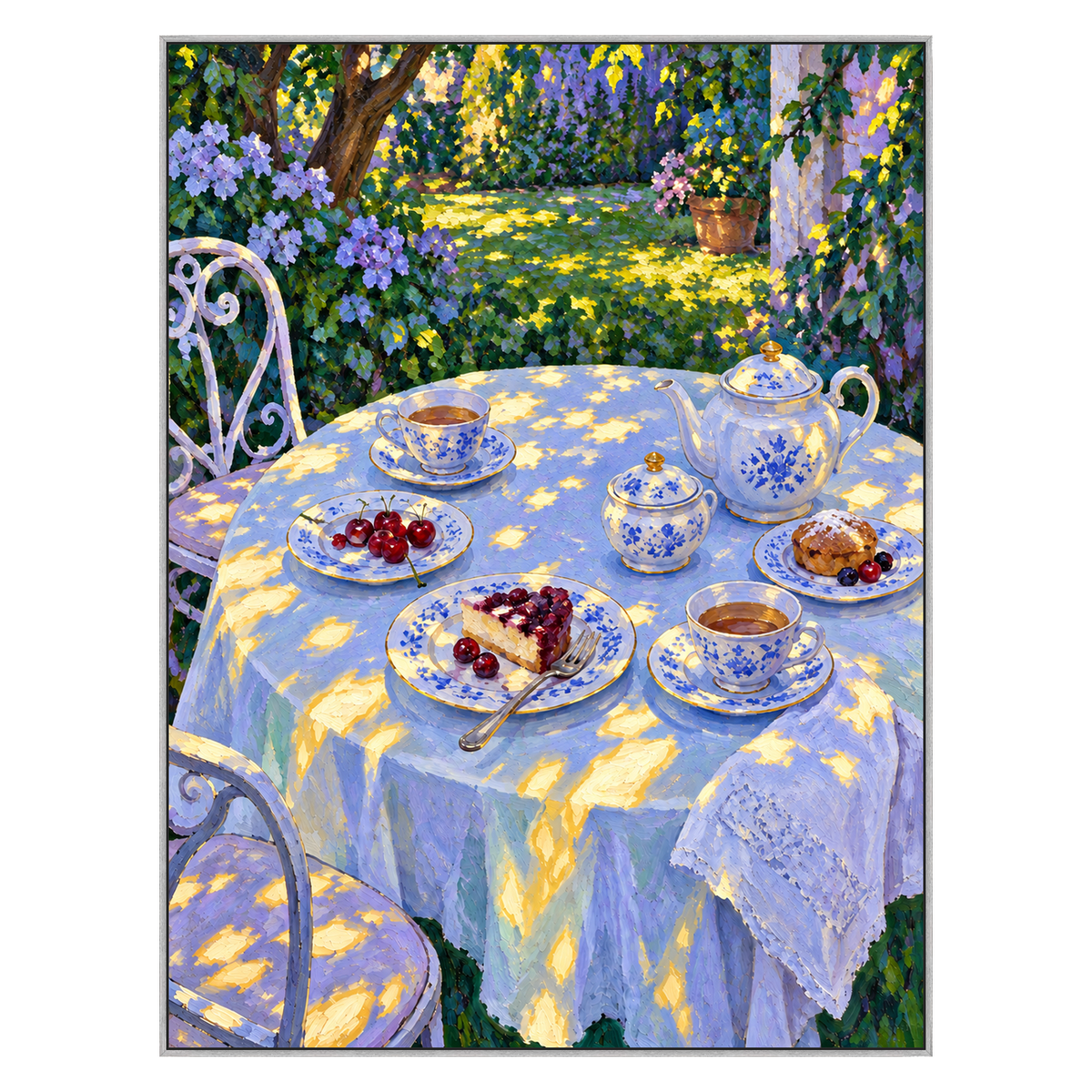 Garden Porcelain artwork in a silver frame on a transparent background.