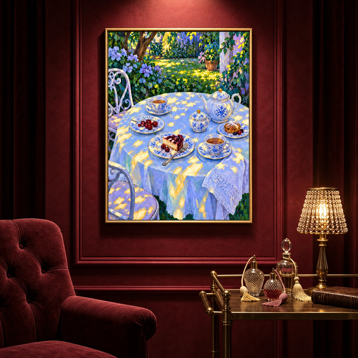 Garden Porcelain artwork displayed beside a burgundy chair and brass side table.