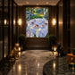 Garden Porcelain artwork displayed at the end of a dark marble hallway.