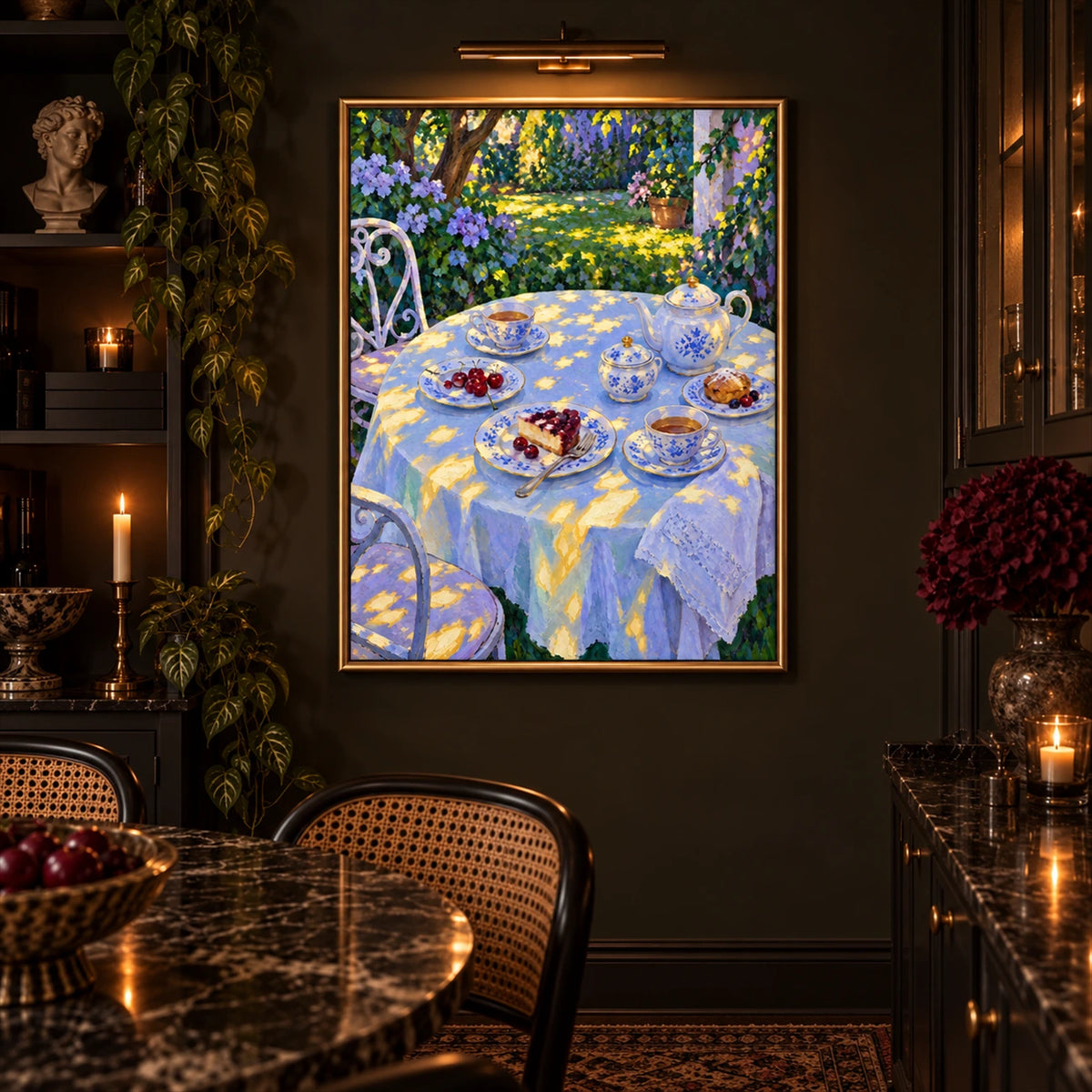 Garden Porcelain artwork displayed above a dining table beneath a picture light.