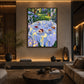 Garden Porcelain artwork displayed above a low console in a modern lounge.