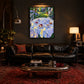 Garden Porcelain artwork displayed above a black leather sofa.