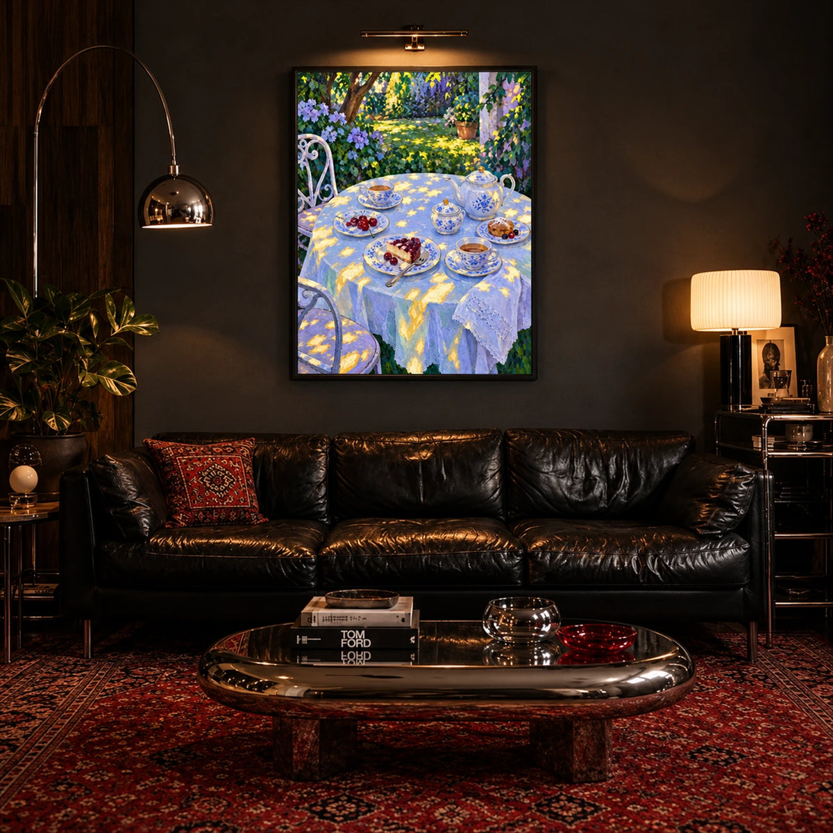 Garden Porcelain artwork displayed above a black leather sofa.