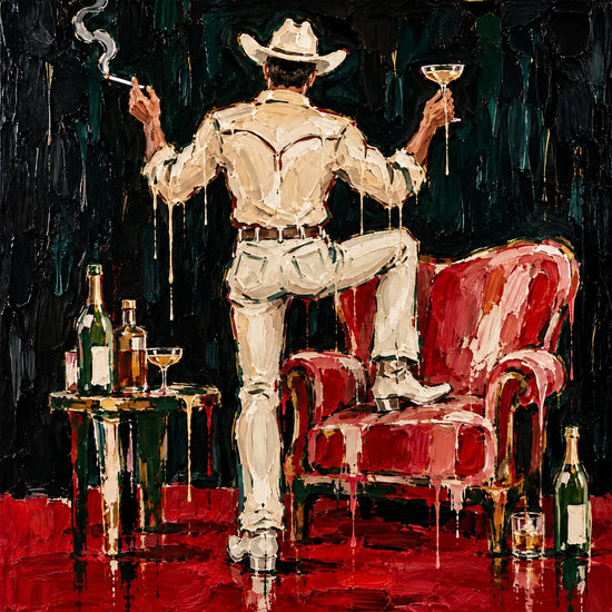 Saloon Flourish full artwork. A cream-clad cowboy raises a glass with one boot resting on a red armchair, surrounded by bottles and a curling trail of smoke.