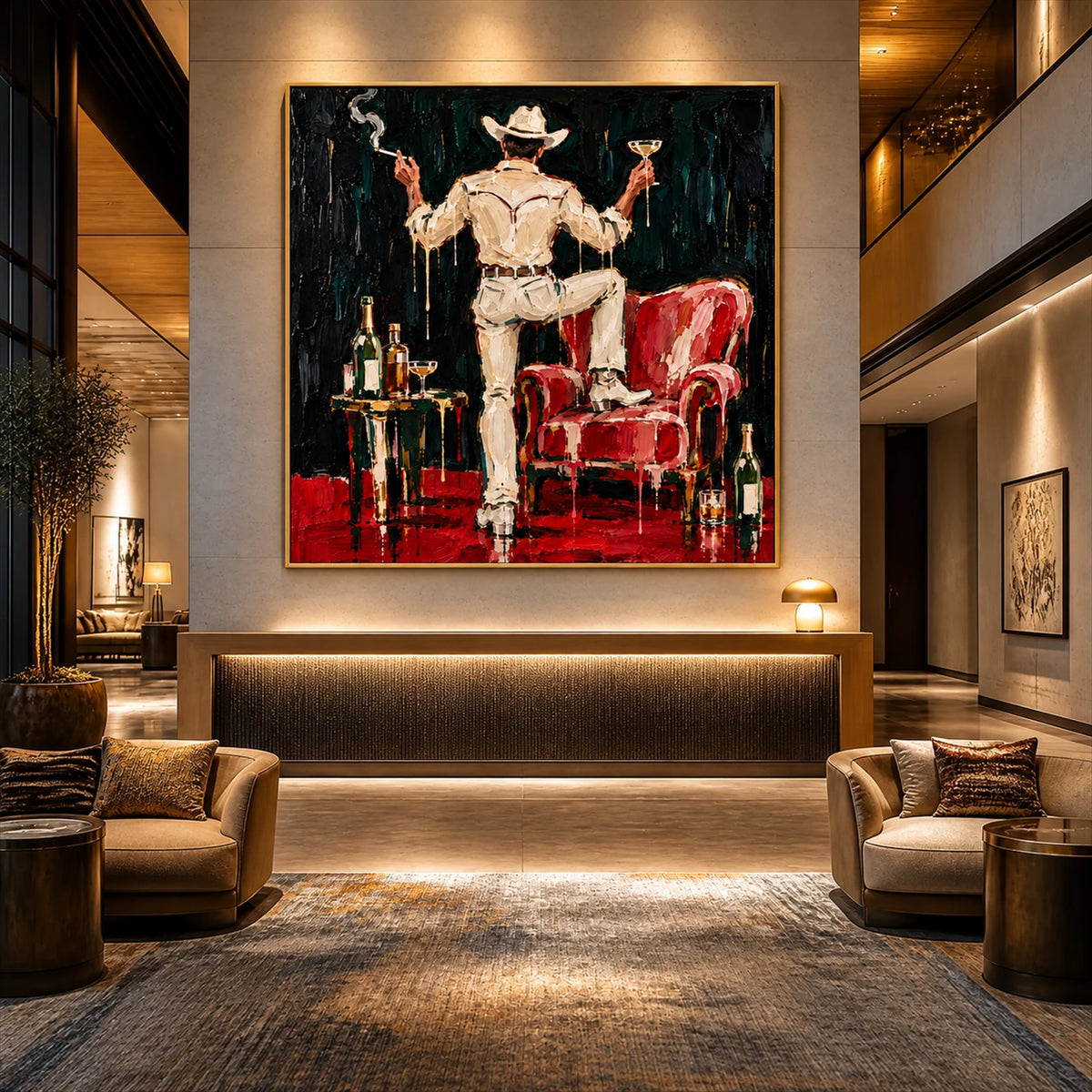 Saloon Flourish artwork displayed above a long bench in a double-height lobby.