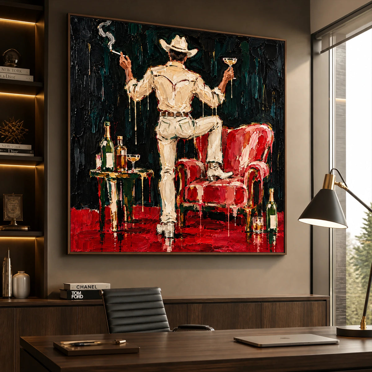 Saloon Flourish artwork displayed above a wooden desk near tall windows.