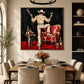Saloon Flourish artwork displayed above a dining table beside a bright window.