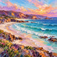 Prismatic Cove full artwork. Turquoise waves curl into a pale sandy cove beneath cliffs lit by a vivid pink and golden sky.