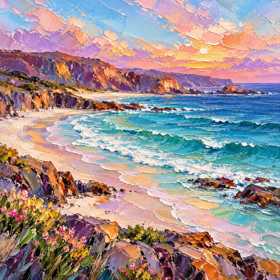 Prismatic Cove full artwork. Turquoise waves curl into a pale sandy cove beneath cliffs lit by a vivid pink and golden sky.
