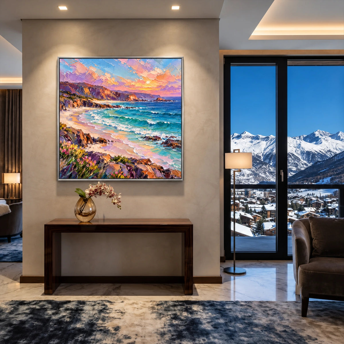 Prismatic Cove artwork displayed above a console beside mountain-view windows.