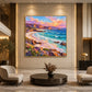 Prismatic Cove artwork displayed above lounge seating in a bright lobby.